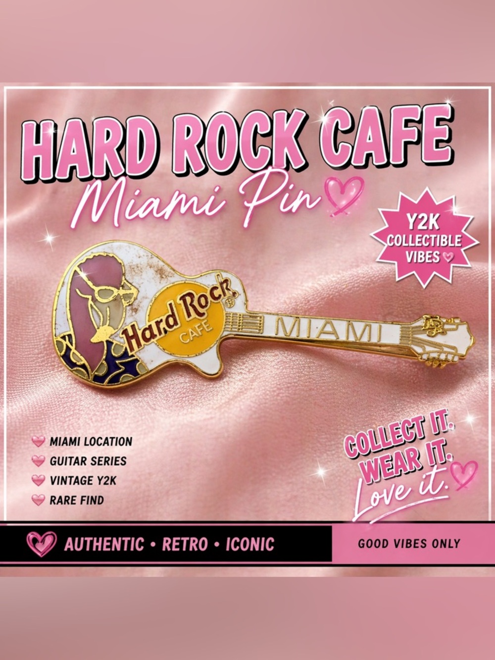 Hard Rock Cafe Gold and White Miami Guitar Pin Y2K